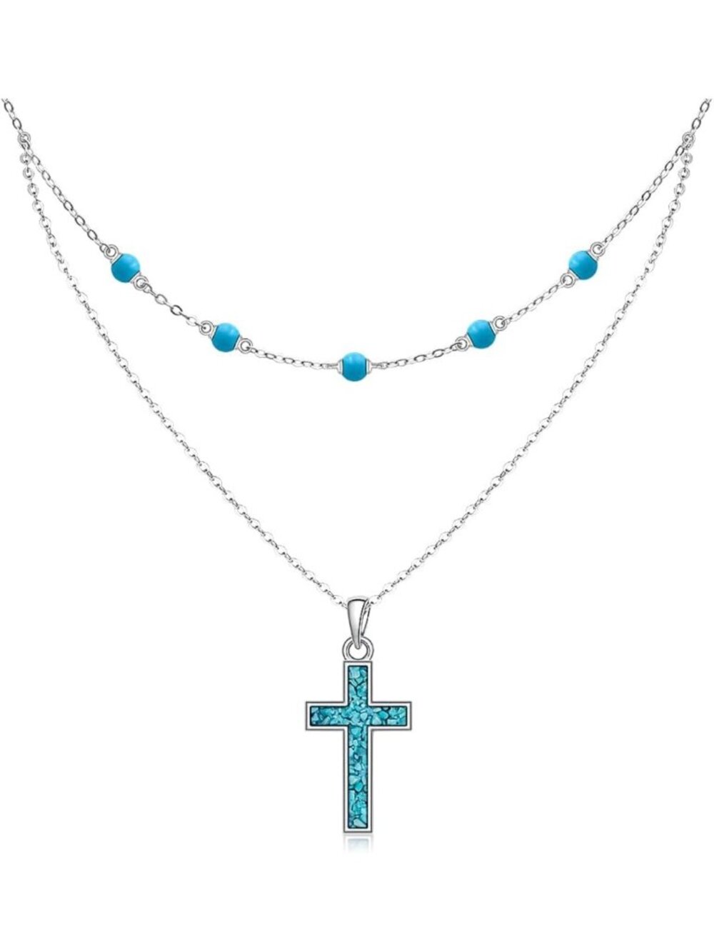 Turquoise Cross Necklace for Women | S925 Sterling Silver Beaded Layered Pendant